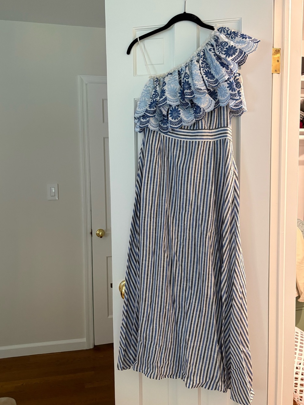 Gul Hurgel Blue and White One-Shoulder Striped Dress with Embroidered Ruffle